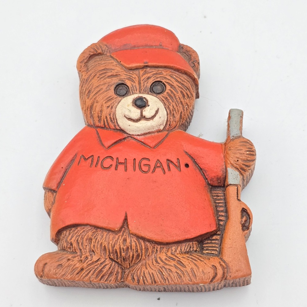 Vintage Michigan Hunter Bear Refrigerator Magnet Orange Hunting Gear Resin